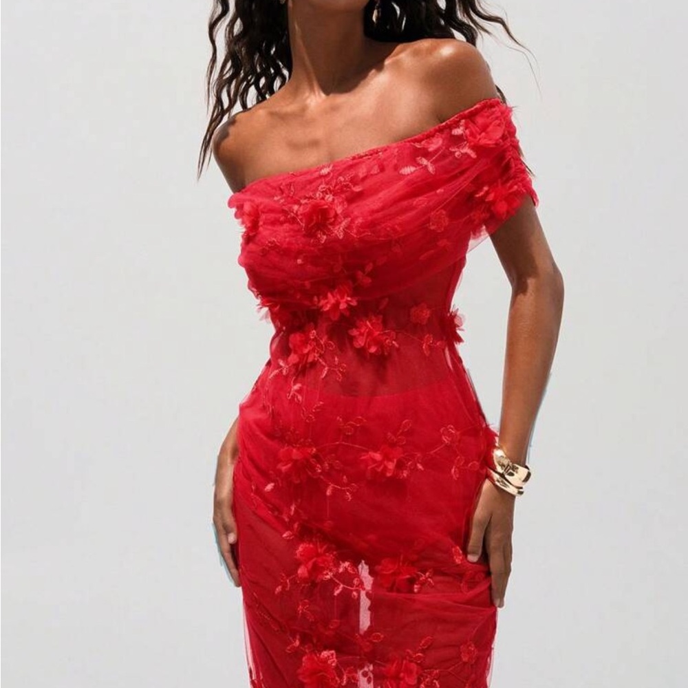 ASOS Red Off-Shoulder Bodycon Maxi Dress